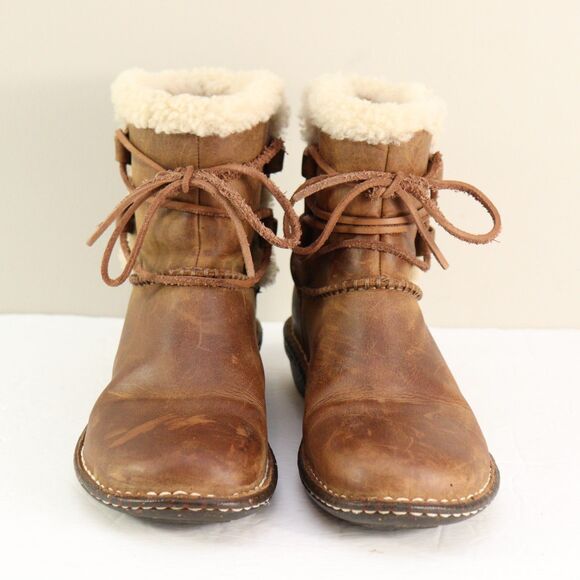 Ugg Caspia Brown Leather Shearling Lace Up Ankle Boots 7 - Picture 2 of 6